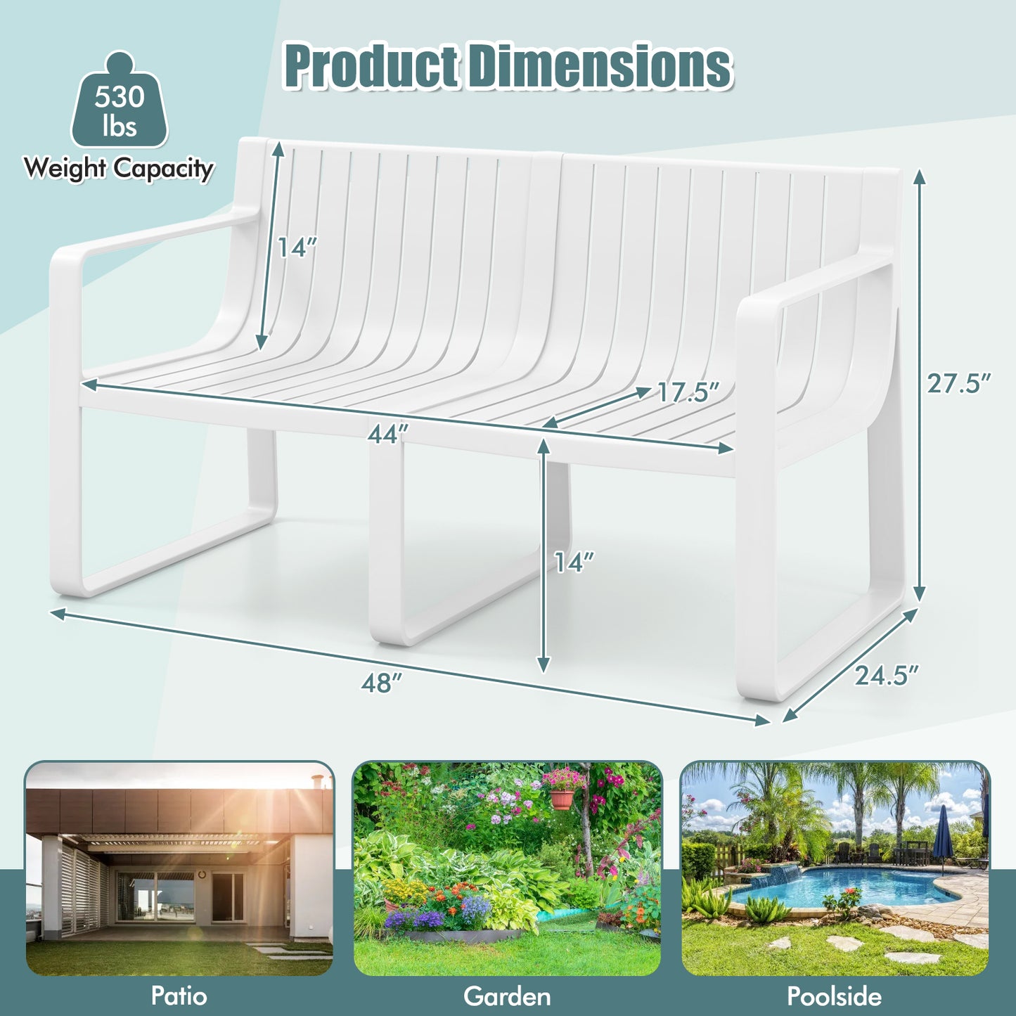 2-Person Outdoor Bench with Curved Backrest, 530 lbs Capacity