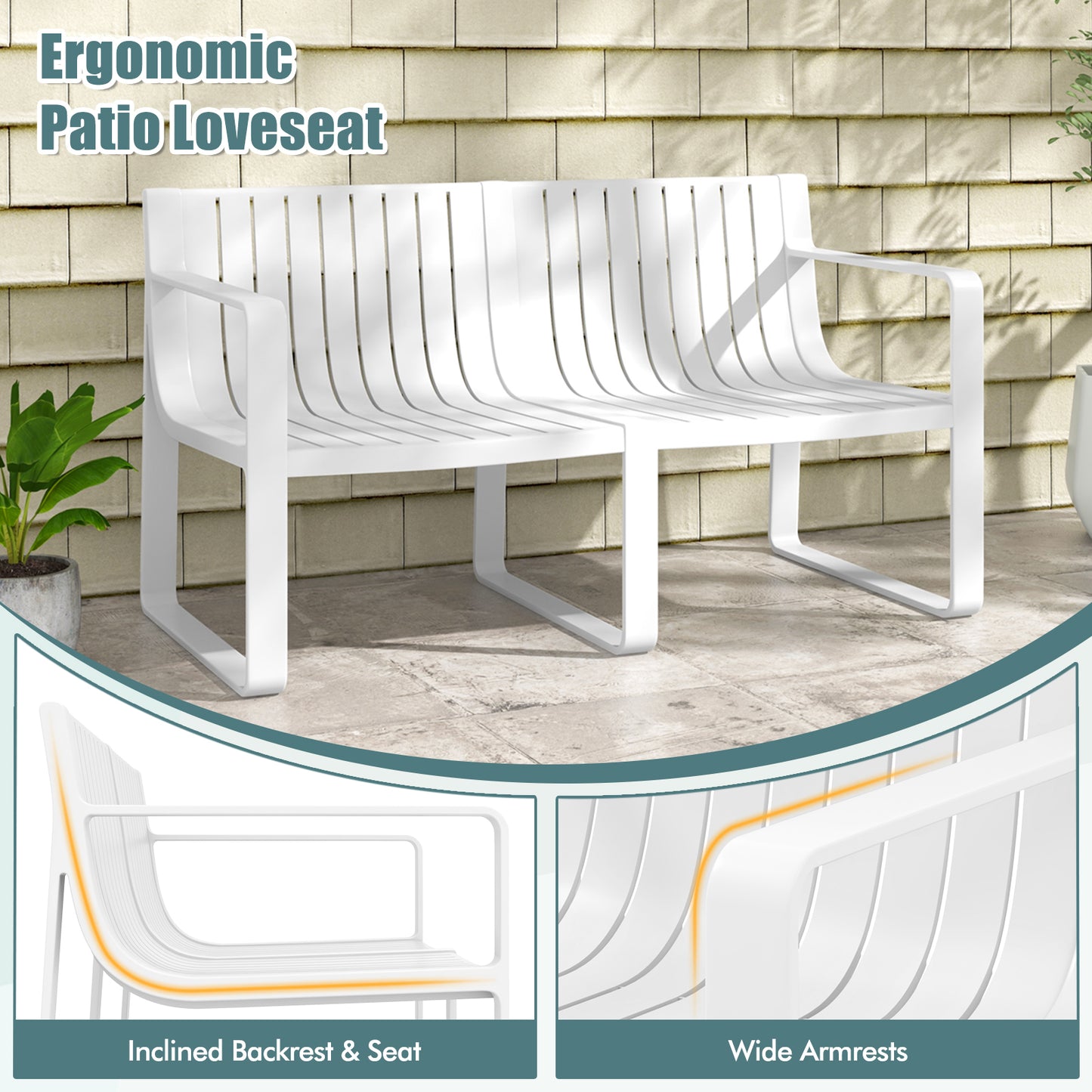 2-Person Outdoor Bench with Curved Backrest, 530 lbs Capacity