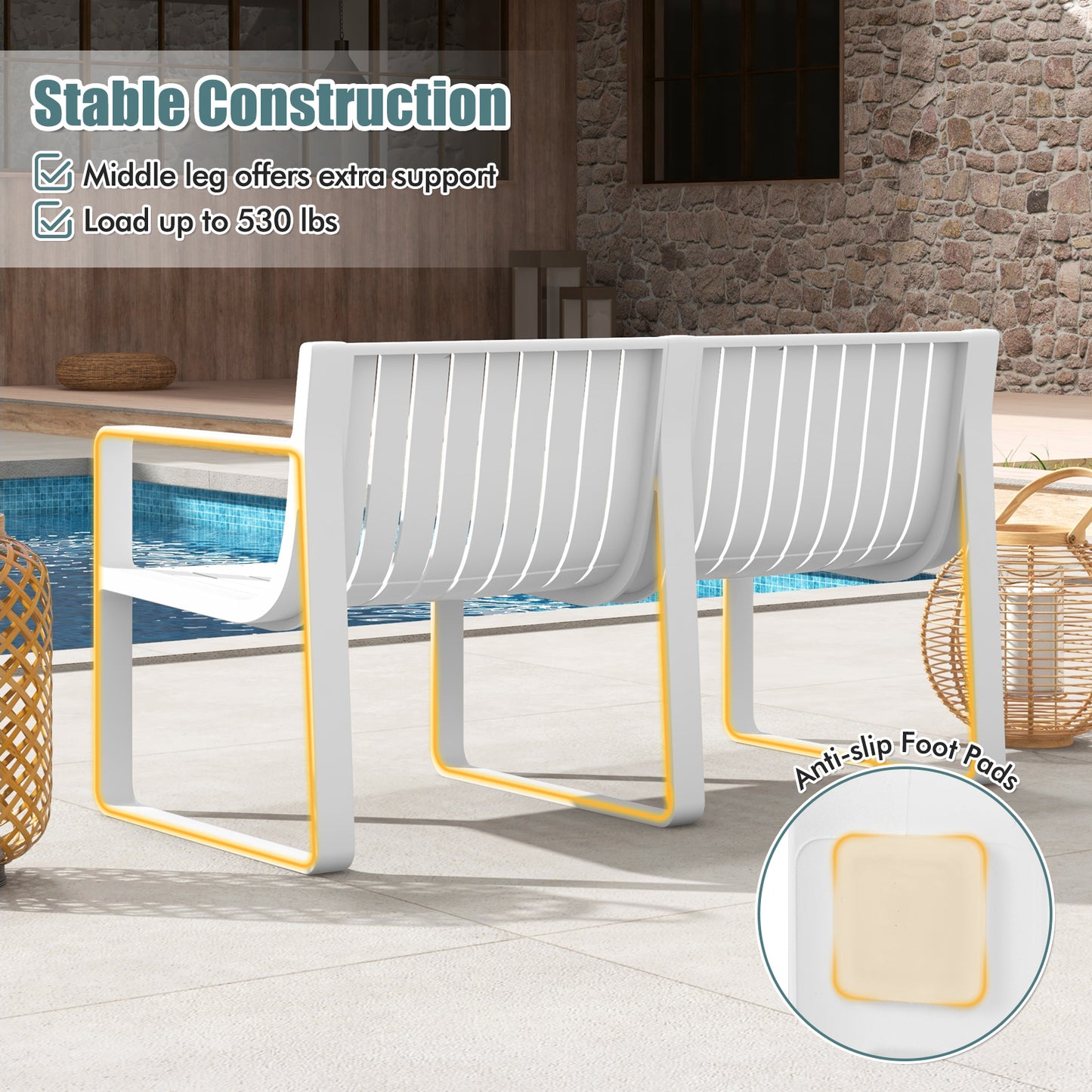 2-Person Outdoor Bench with Curved Backrest, 530 lbs Capacity
