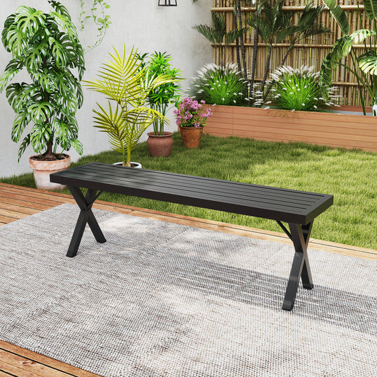Metal Patio Bench with Slatted Seat and X Legs - 54 Inch