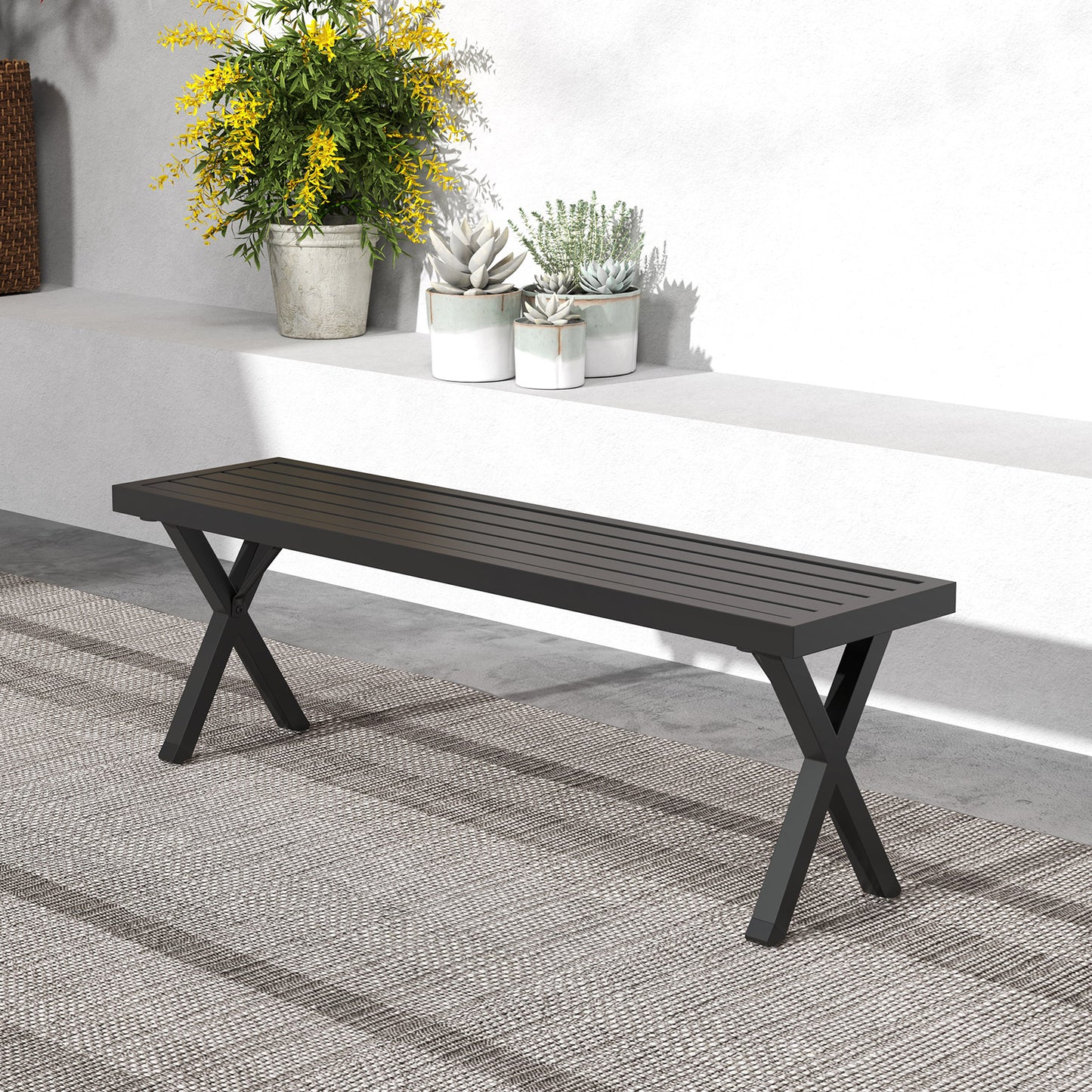 Metal Patio Bench with Slatted Seat and X Legs - 54 Inch