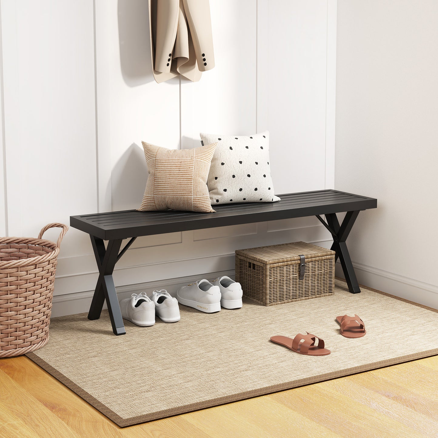 Metal Patio Bench with Slatted Seat and X Legs - 54 Inch