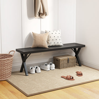 Metal Patio Bench with Slatted Seat and X Legs - 54 Inch