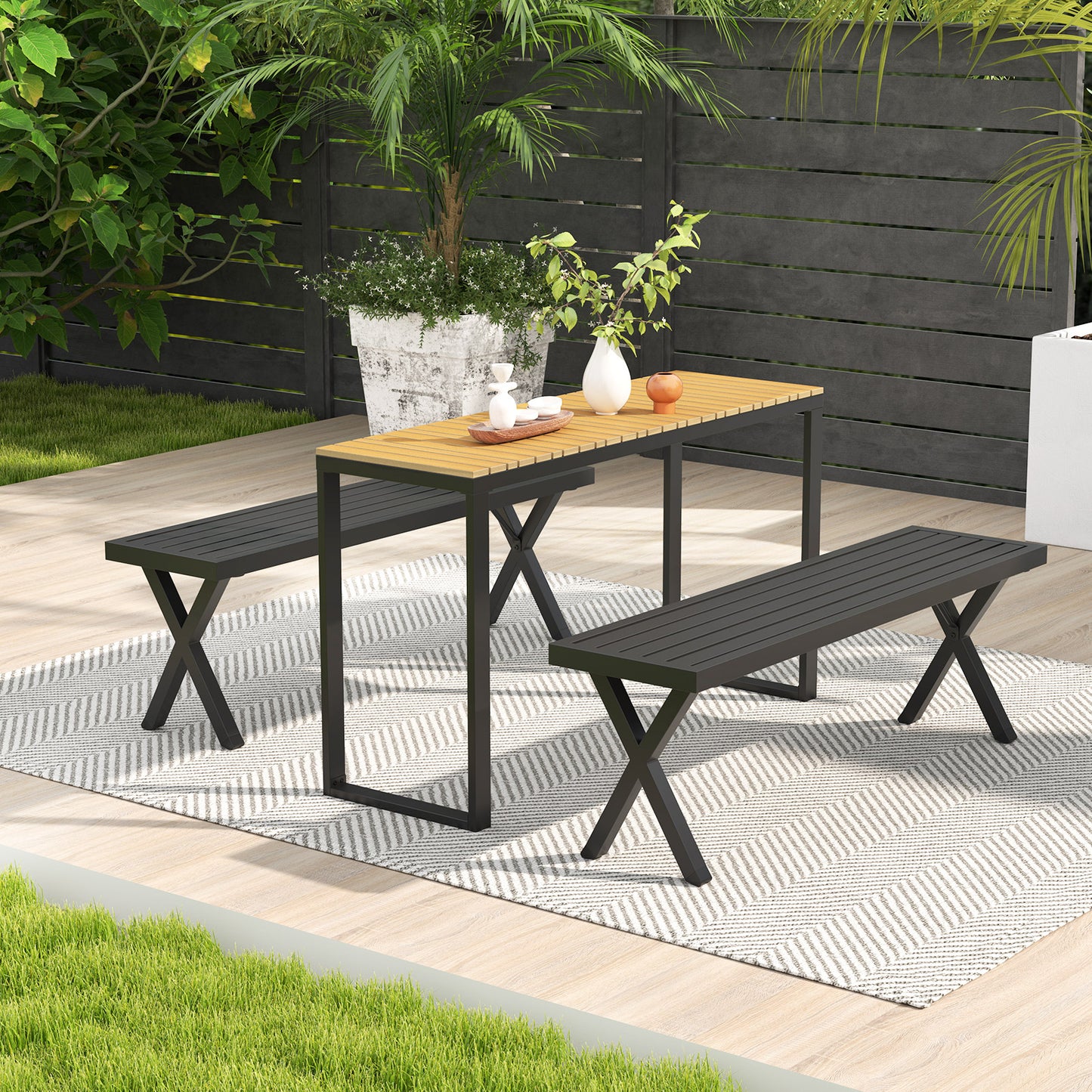 Metal Patio Bench with Slatted Seat and X Legs - 54 Inch