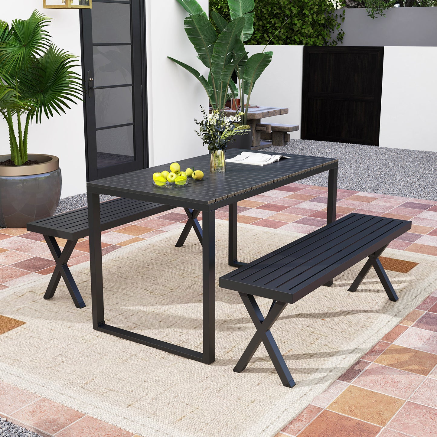 Metal Patio Bench with Slatted Seat and X Legs - 54 Inch
