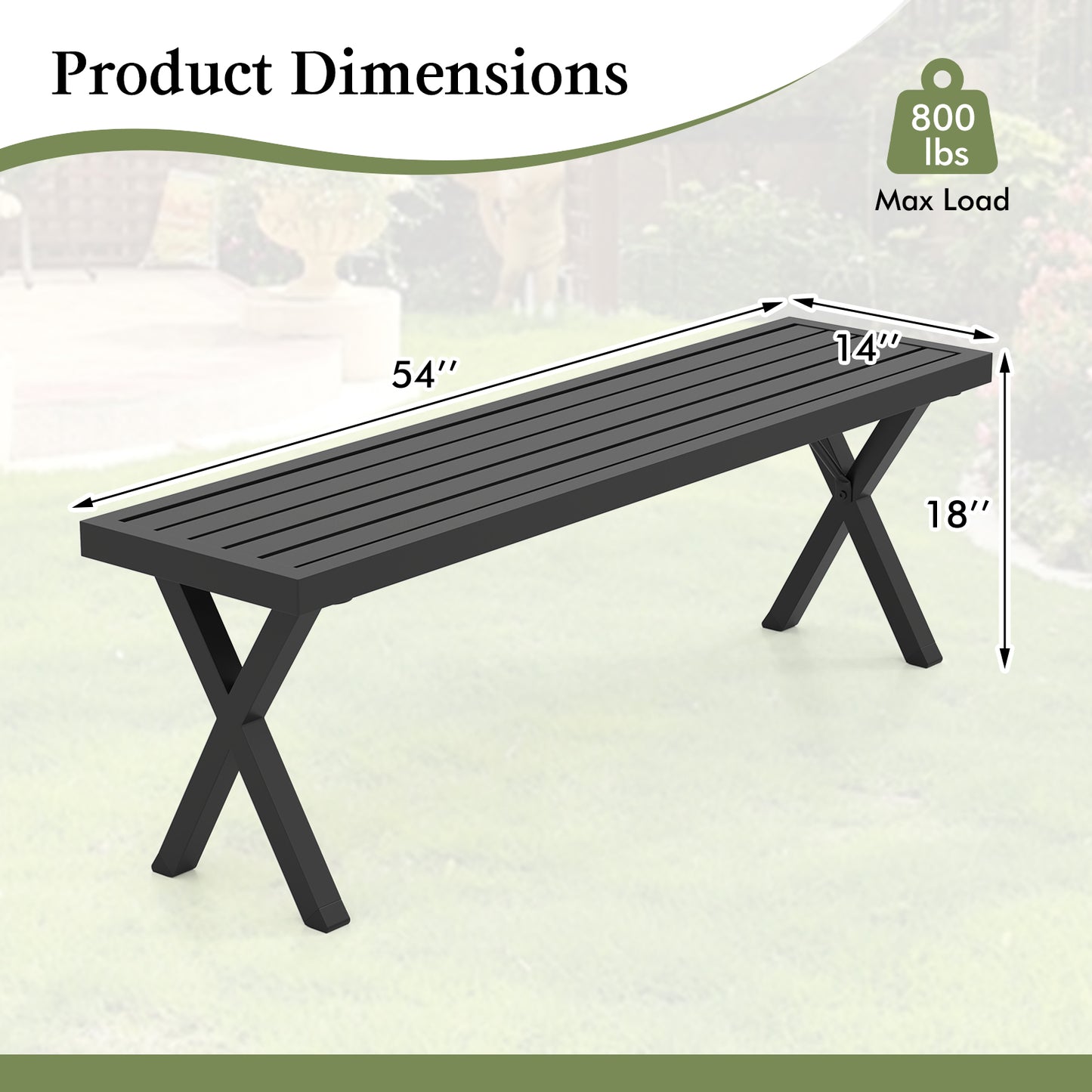 Metal Patio Bench with Slatted Seat and X Legs - 54 Inch