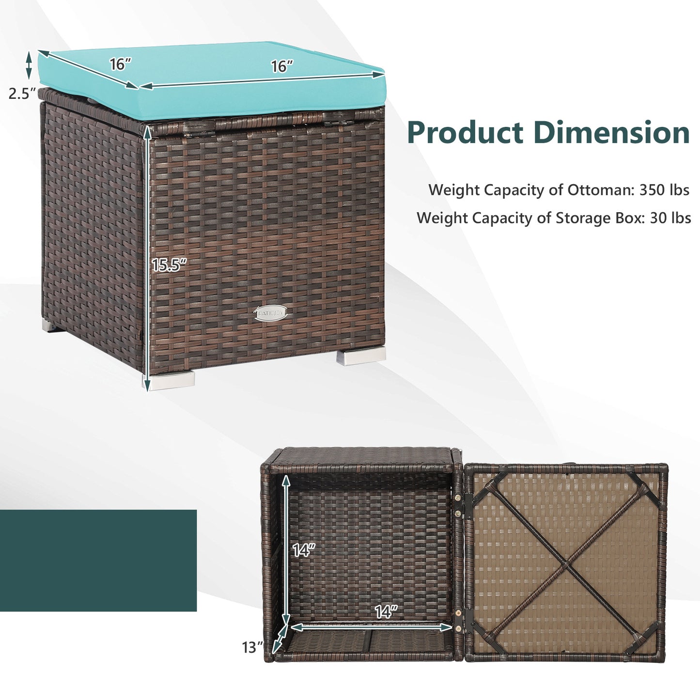 Patio Ottoman Set with Removable Cushions & Storage (2-Piece)