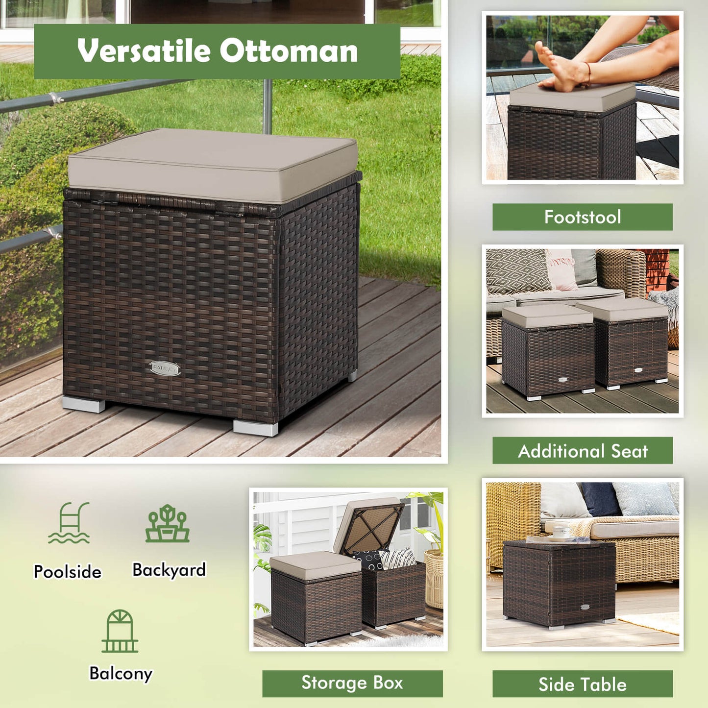Patio Ottoman Set with Removable Cushions & Storage (2-Piece)