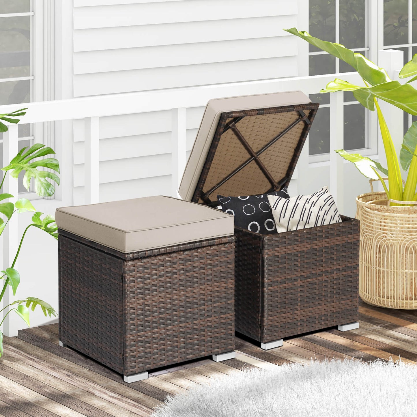 Patio Ottoman Set with Removable Cushions & Storage (2-Piece)