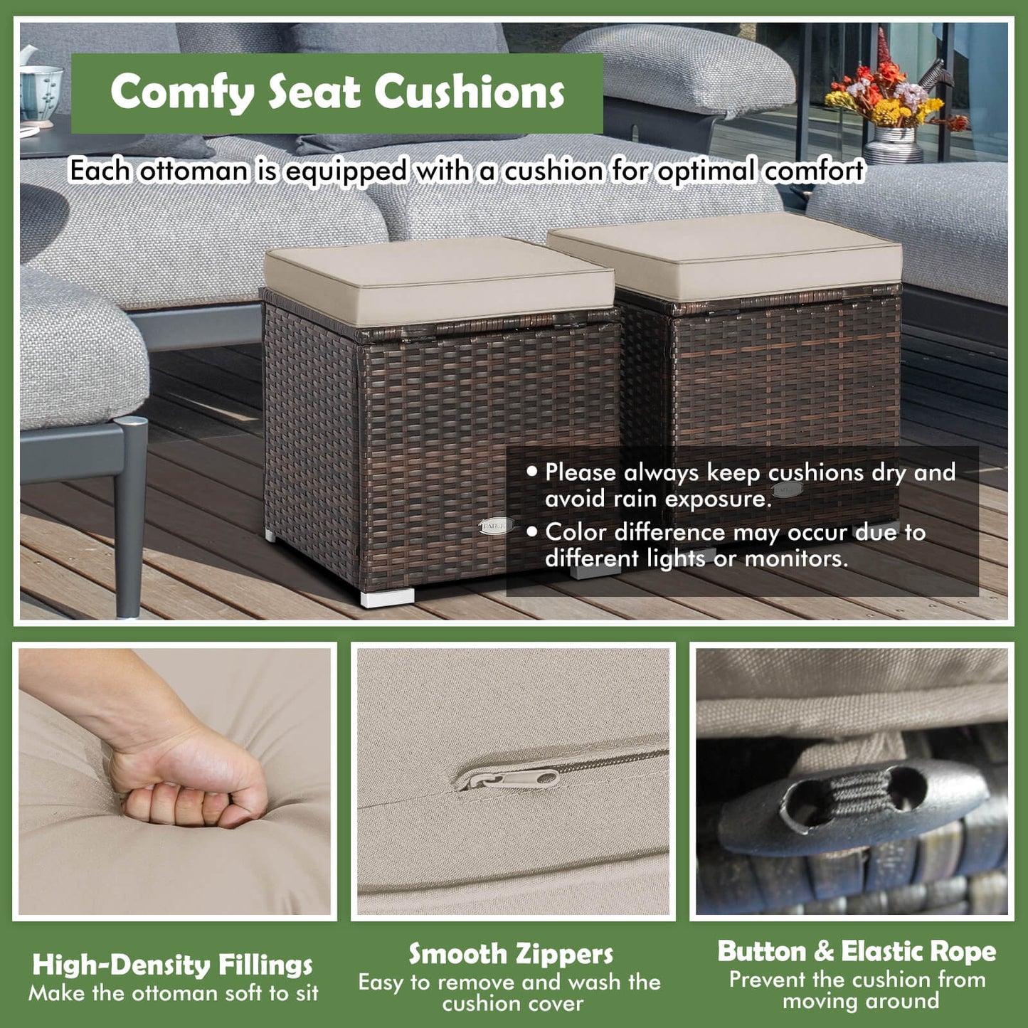 Patio Ottoman Set with Removable Cushions & Storage (2-Piece)