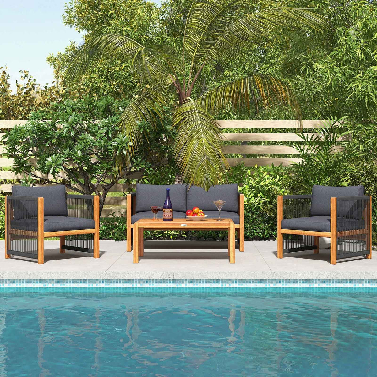 4 Pieces Acacia Wood Outdoor Patio Furniture Set with Cushions