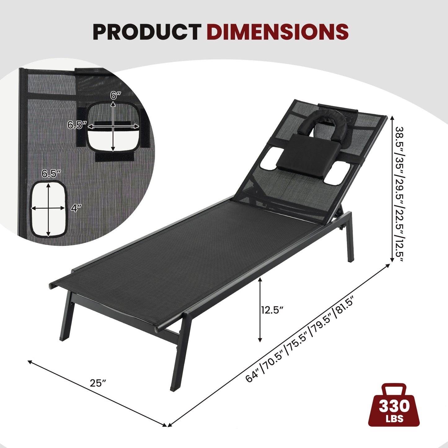 Adjustable Patio Chaise Lounge Chair with Face Hole - Black