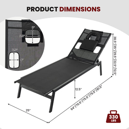 Adjustable Patio Chaise Lounge Chair with Face Hole - Black