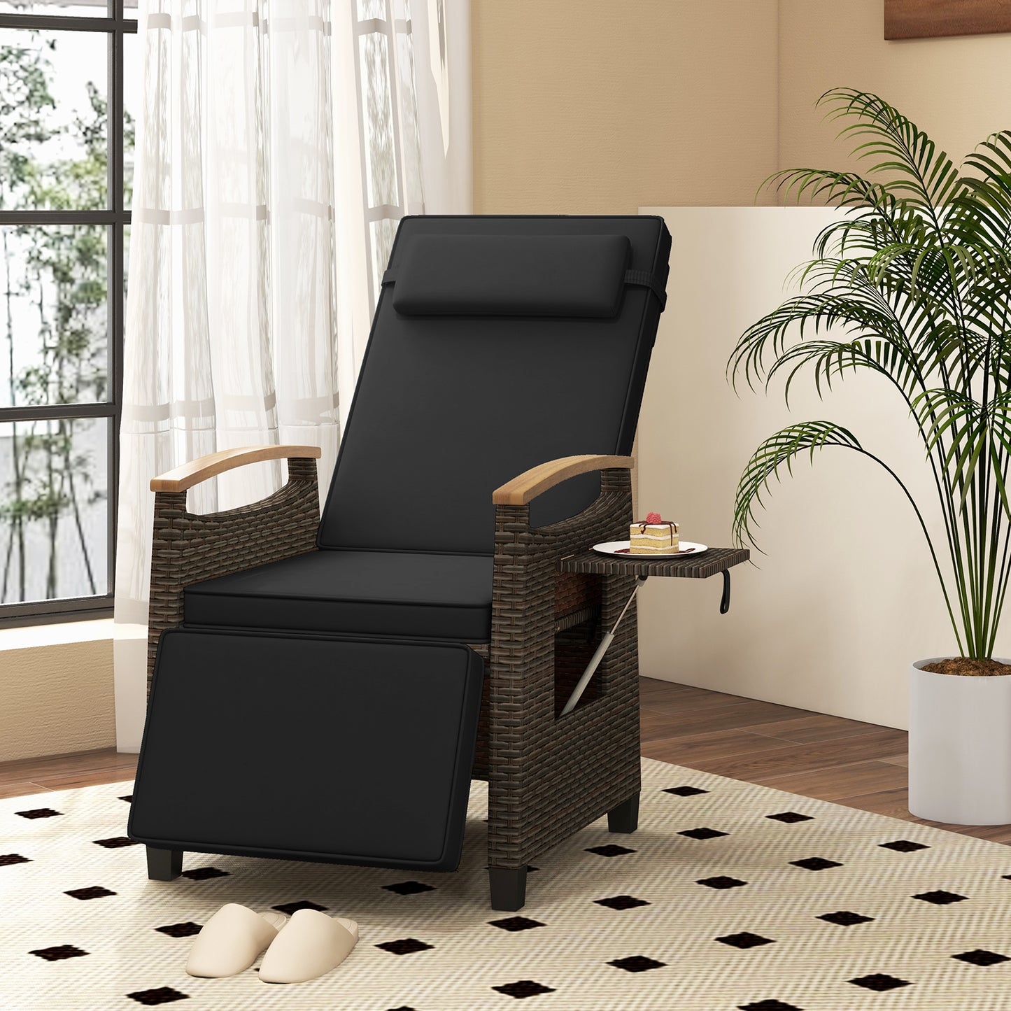 Adjustable Wicker Chaise Lounge Chair with Cushion & Side Table