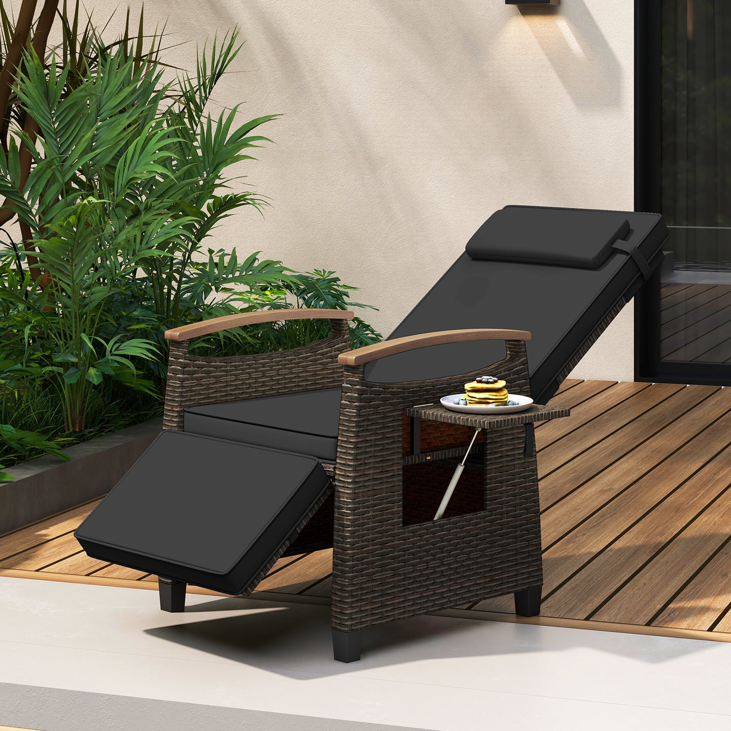 Adjustable Wicker Chaise Lounge Chair with Cushion & Side Table