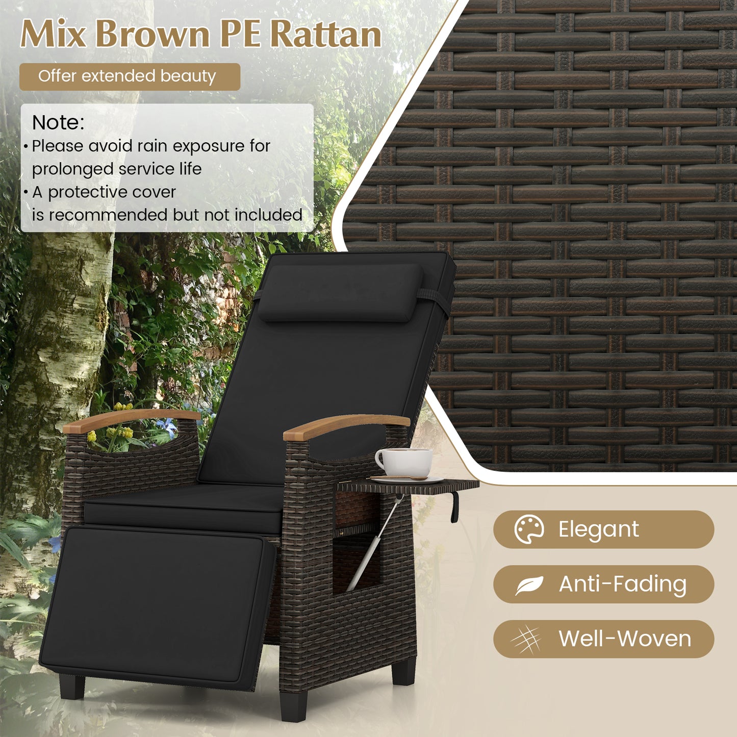 Adjustable Wicker Chaise Lounge Chair with Cushion & Side Table