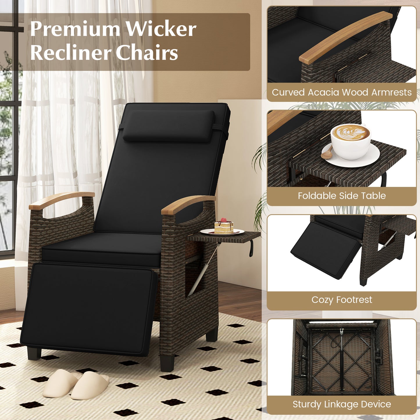 Adjustable Wicker Chaise Lounge Chair with Cushion & Side Table