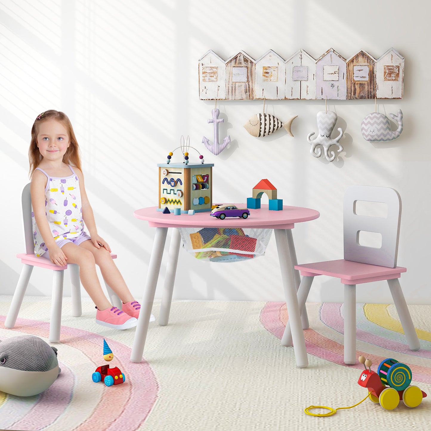 Kids Table and Chair Set with Mesh Storage - 3 Piece