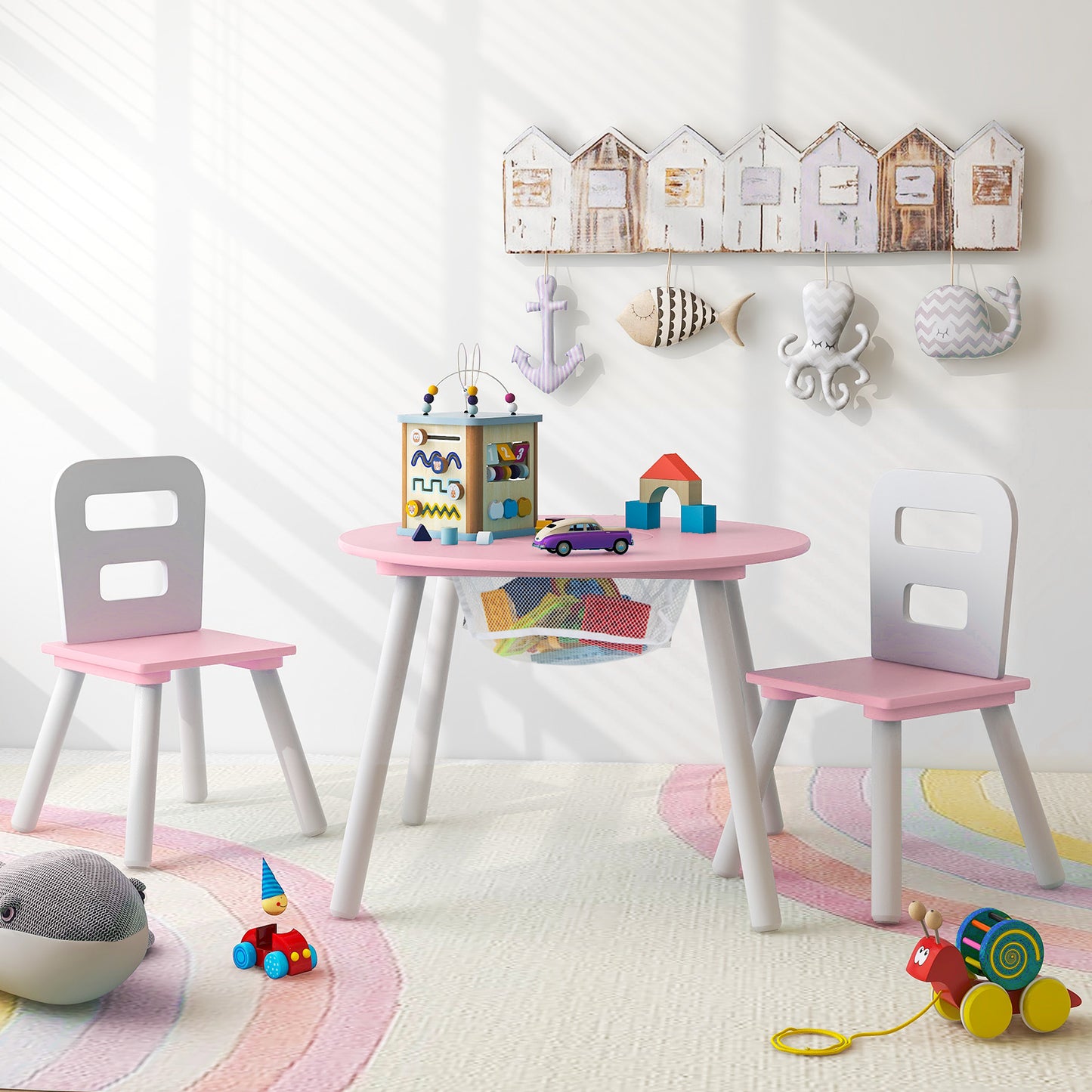 Kids Table and Chair Set with Mesh Storage - 3 Piece