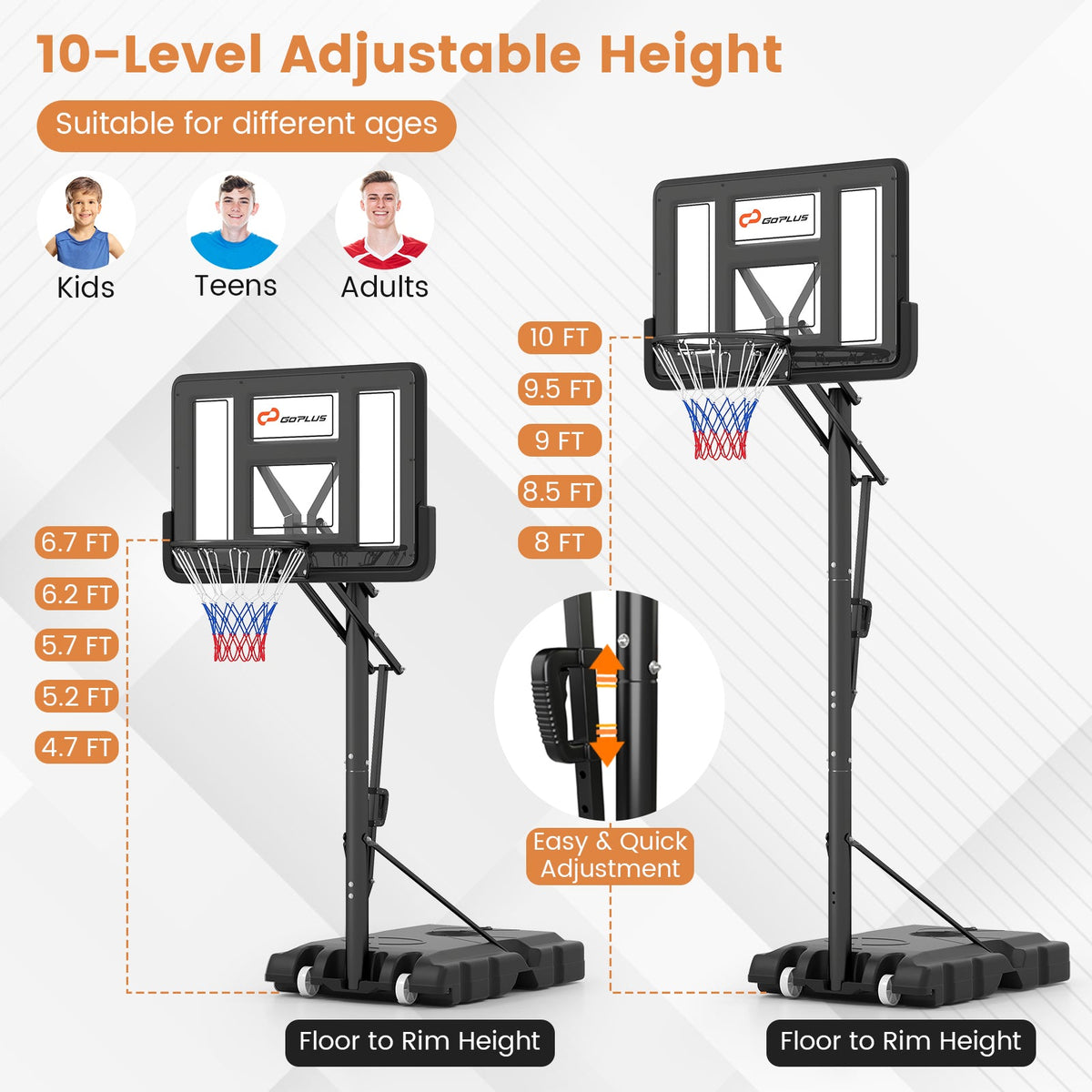 Portable Basketball Hoop with 4.6 to 10 Feet 10-Level Height Adjustable