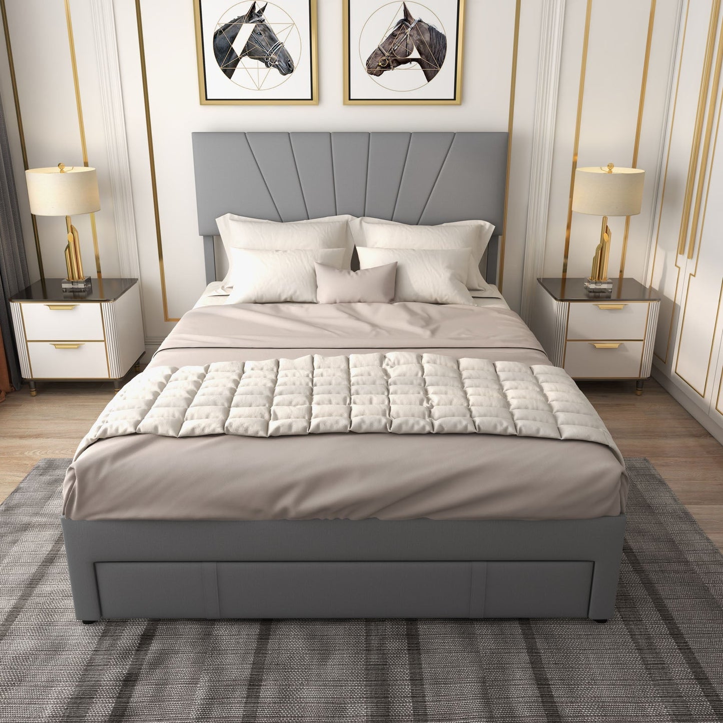 Full/Queen Size Upholstered Bed Frame with Drawer and Adjustable Headboard