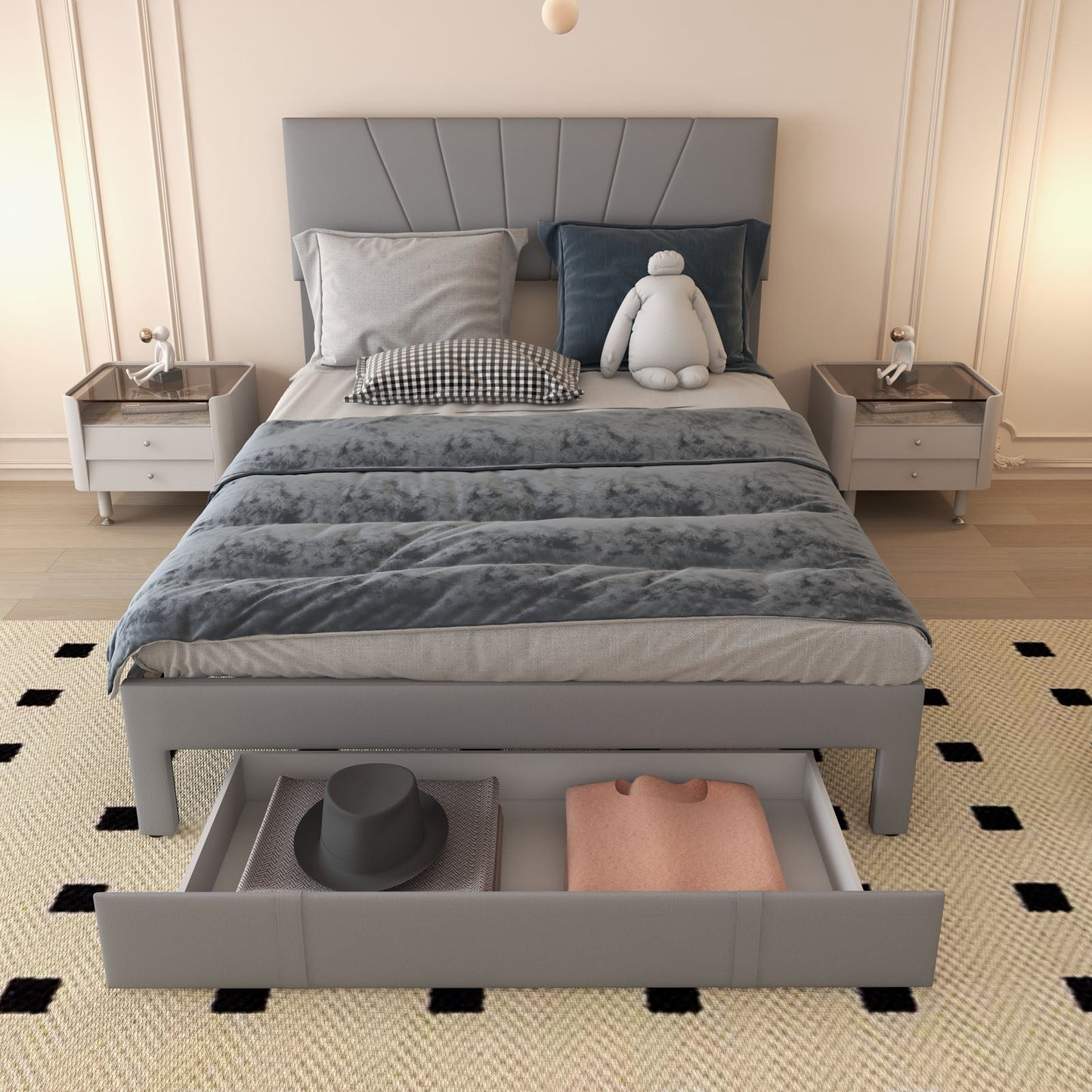 Full/Queen Size Upholstered Bed Frame with Drawer and Adjustable Headboard