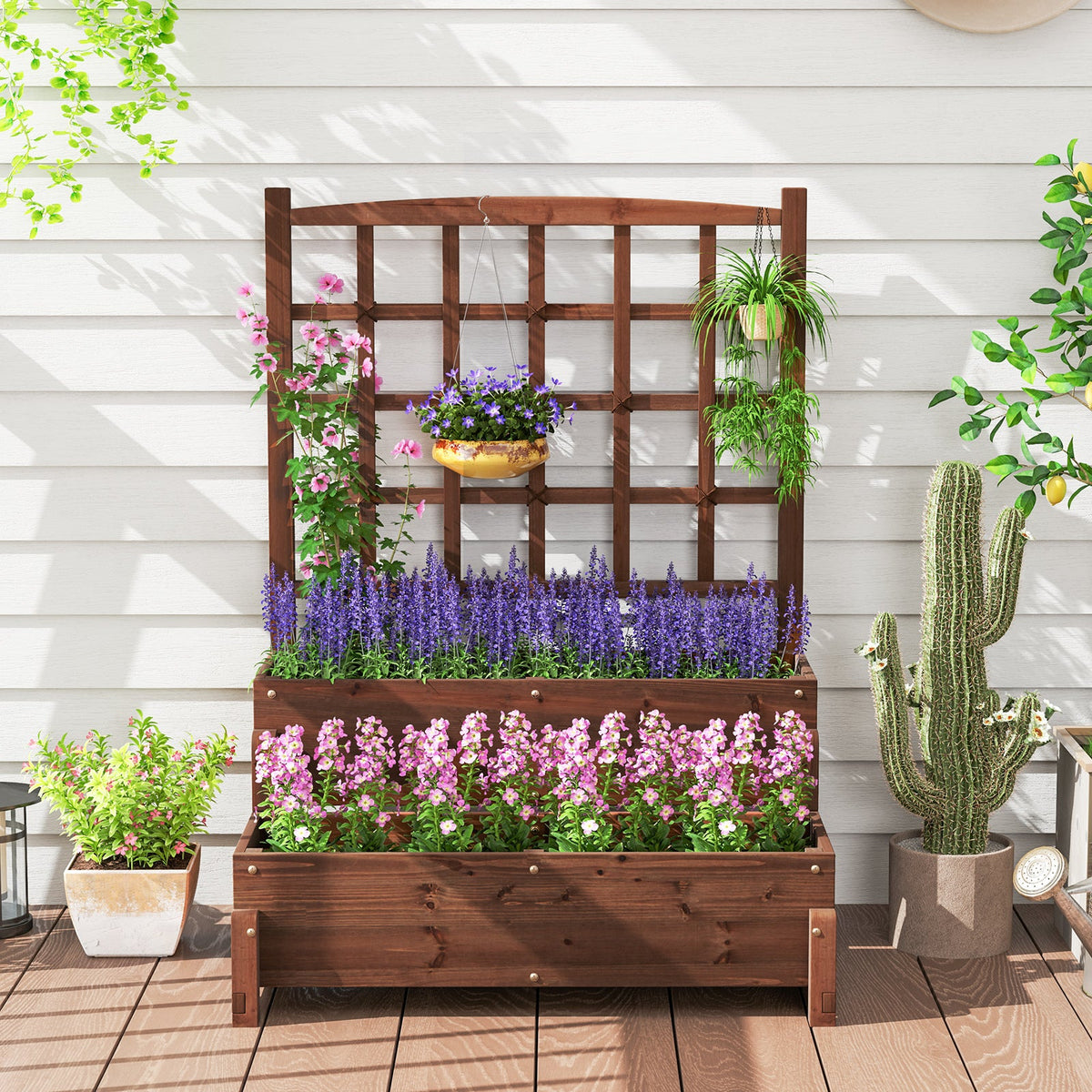 Raised Garden Bed with Trellis 2-tier Wood Planter Box with Drainage Holes-Rustic Brown