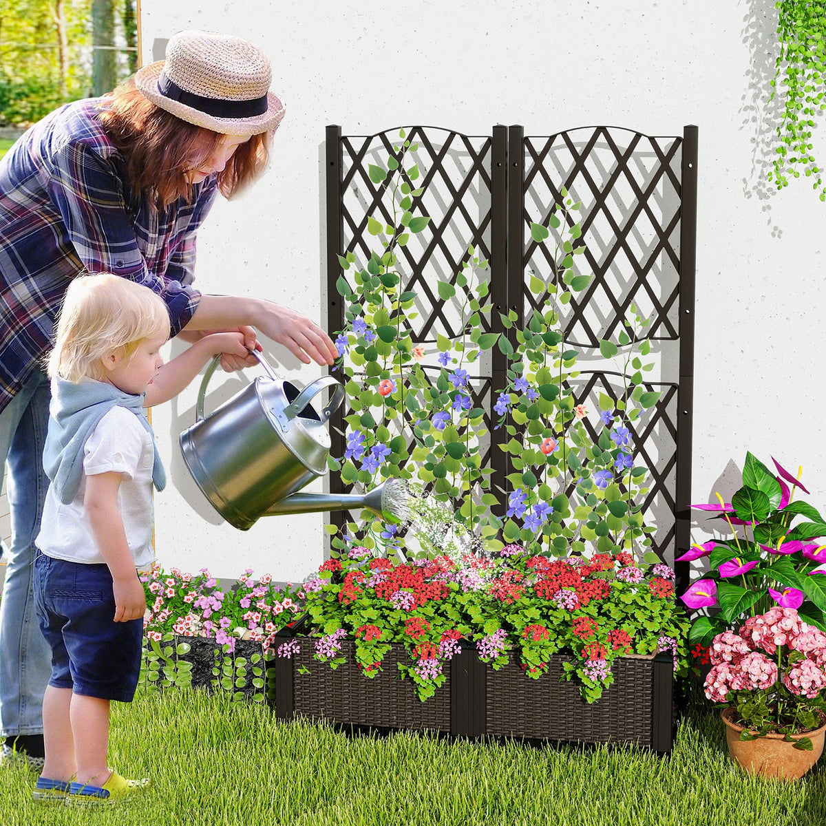 PE Rattan Raised Garden Bed with Trellis Planter Box for Climbing Plants-Brown