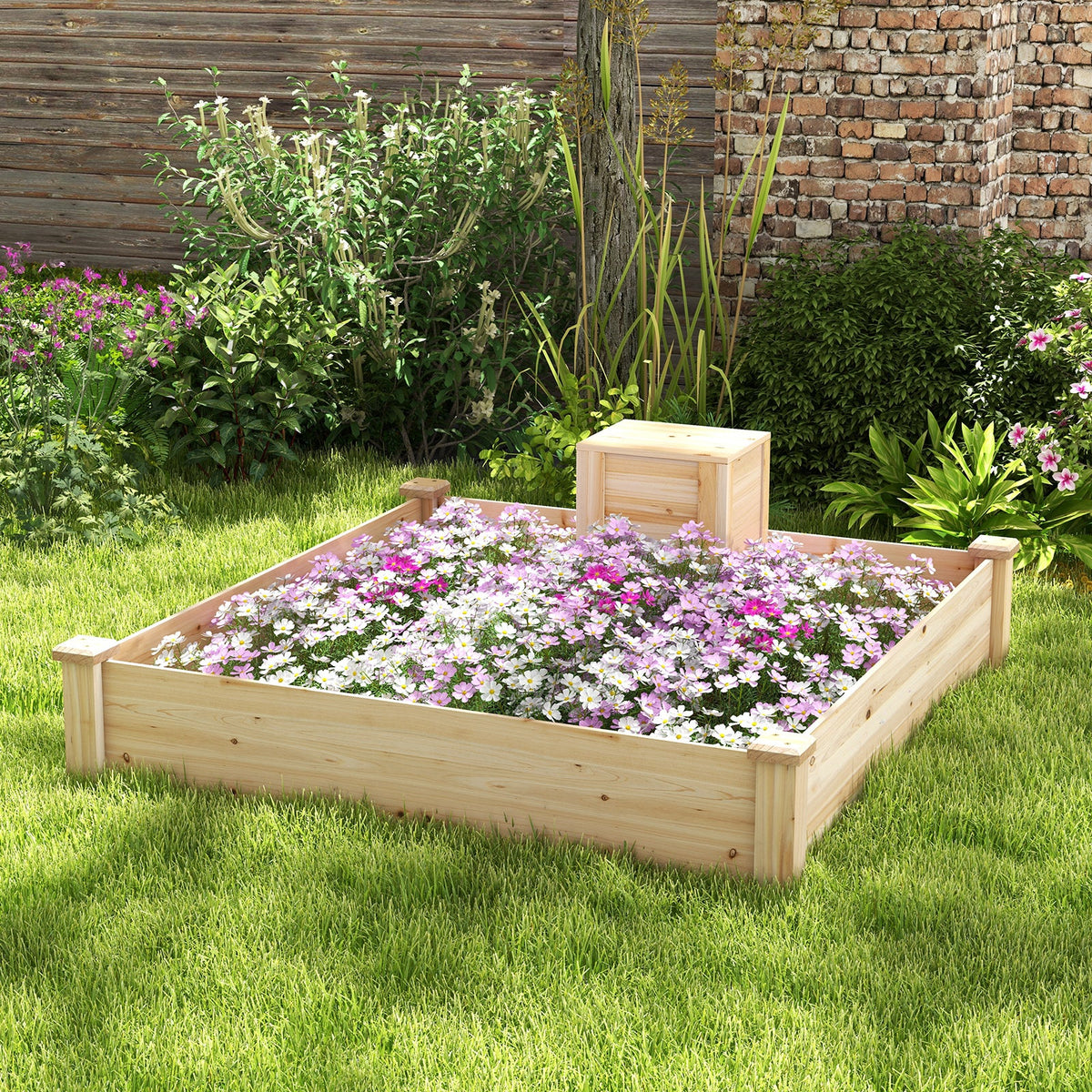 49 x 49 x 10 Inch Raised Garden Bed with Compost Bin and Open-ended Bottom-Natural