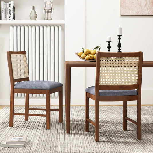 Rattan Dining Chairs Set of 2 with Padded Linen Seats