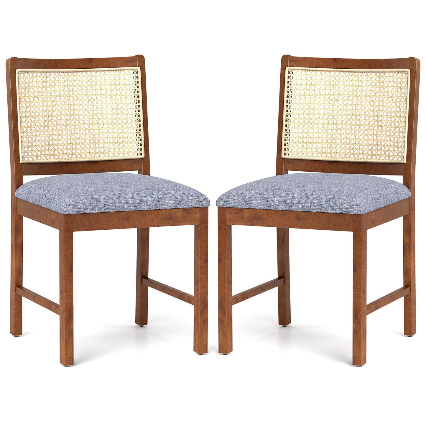 Rattan Dining Chairs Set of 2 with Padded Linen Seats