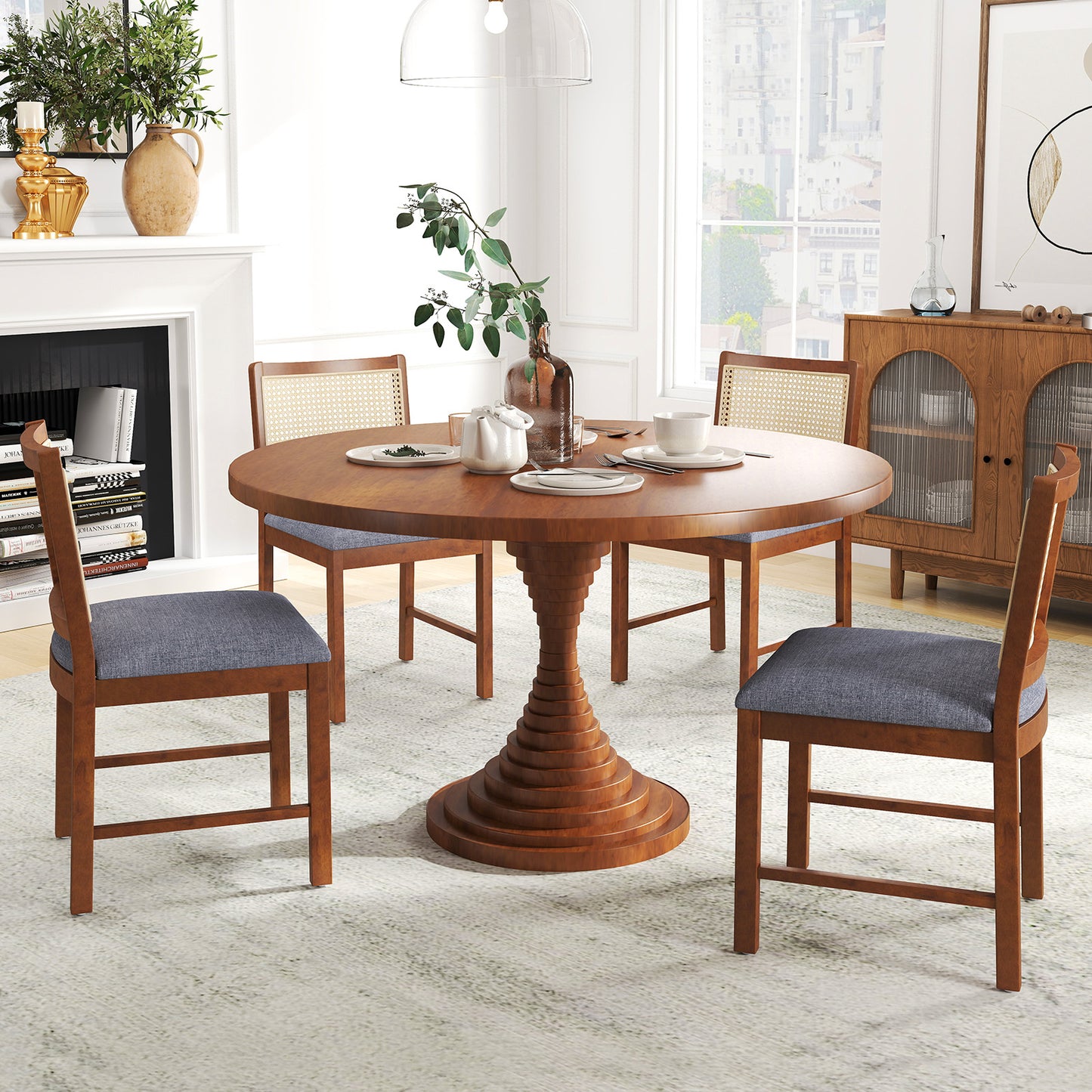 Rattan Dining Chairs Set of 2 with Padded Linen Seats