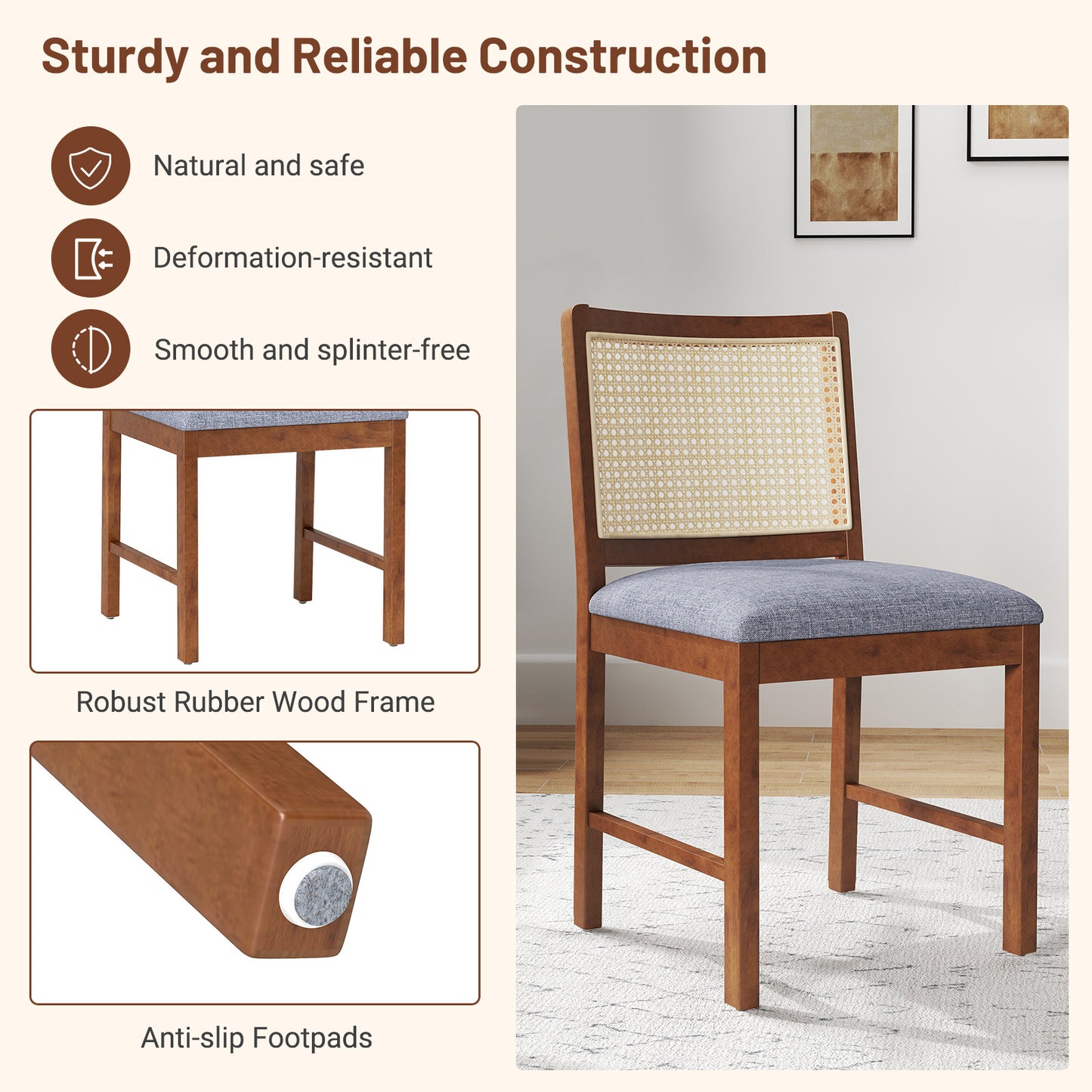 Rattan Dining Chairs Set of 2 with Padded Linen Seats