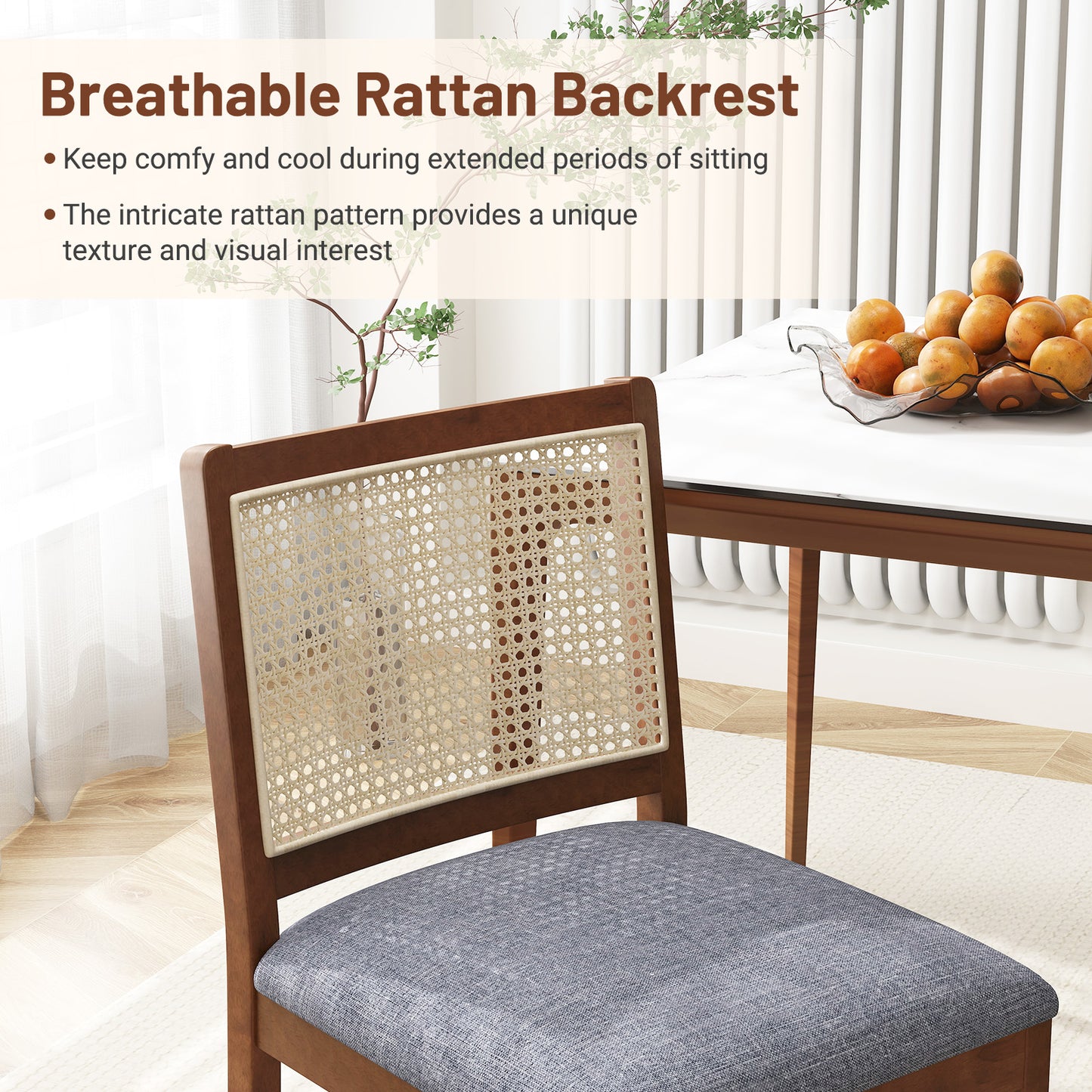 Rattan Dining Chairs Set of 2 with Padded Linen Seats