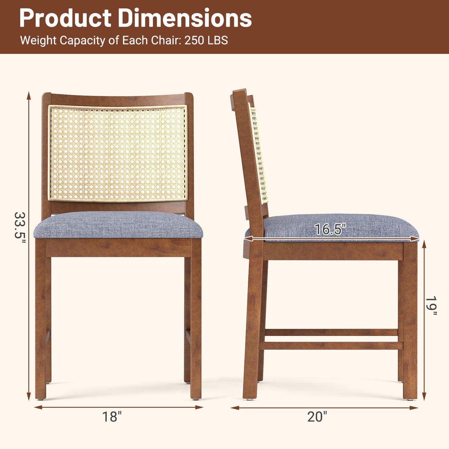 Rattan Dining Chairs Set of 2 with Padded Linen Seats