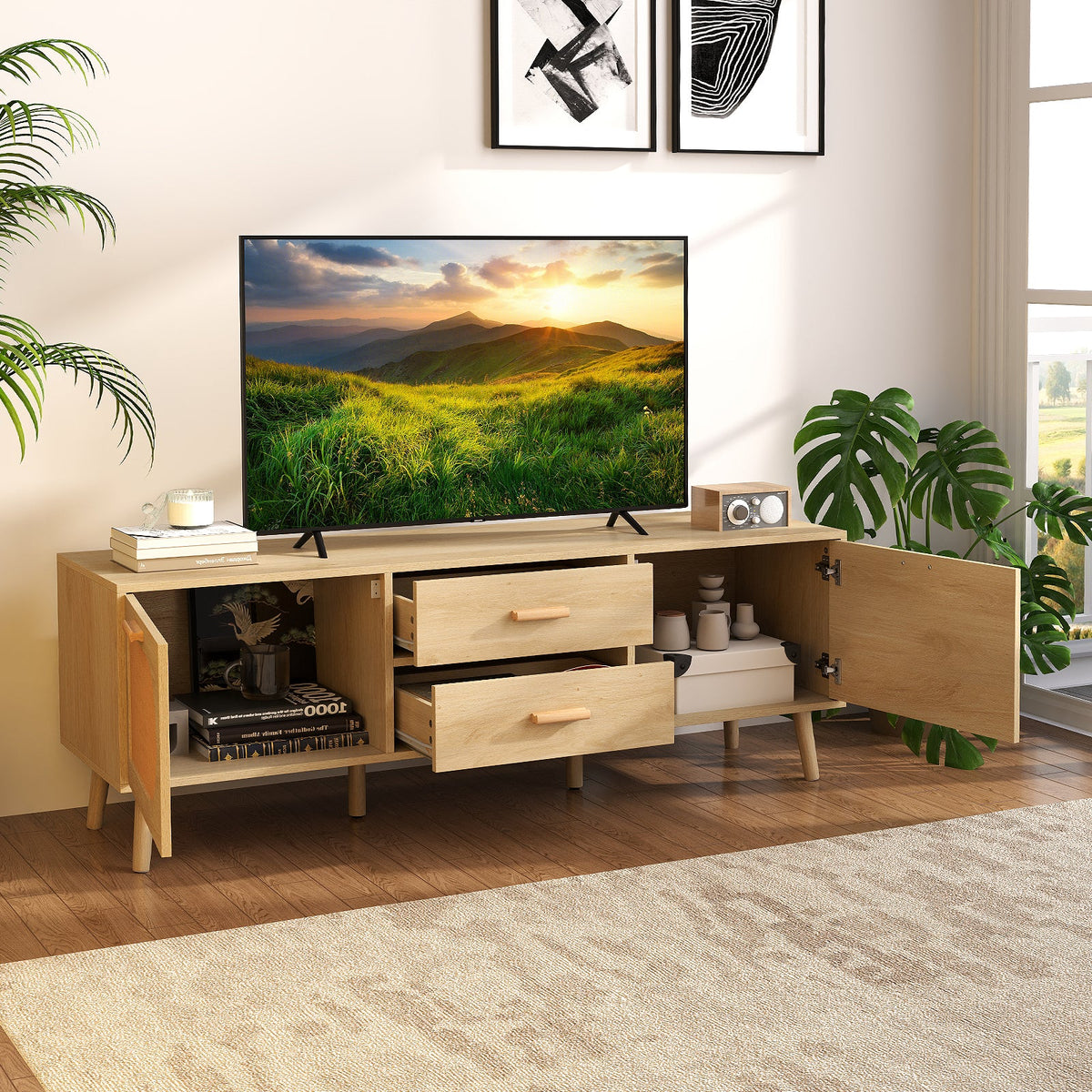 Rattan TV Stand for 65-Inch TV with Drawers and Solid Wood Legs-Natural