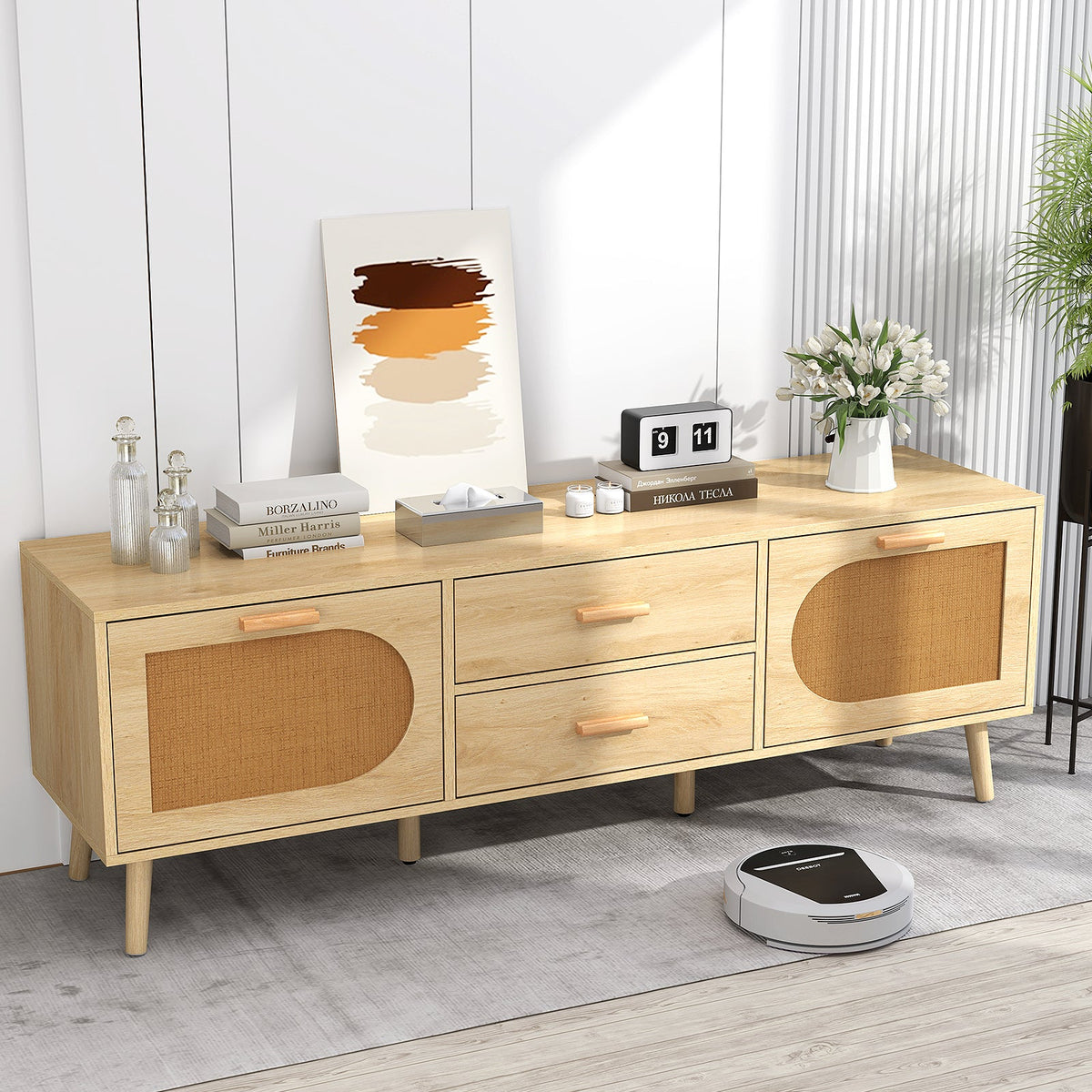 Rattan TV Stand for 65-Inch TV with Drawers and Solid Wood Legs-Natural