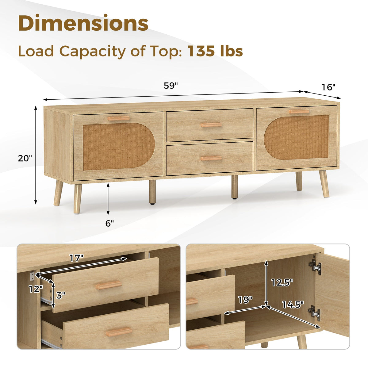 Rattan TV Stand for 65-Inch TV with Drawers and Solid Wood Legs-Natural