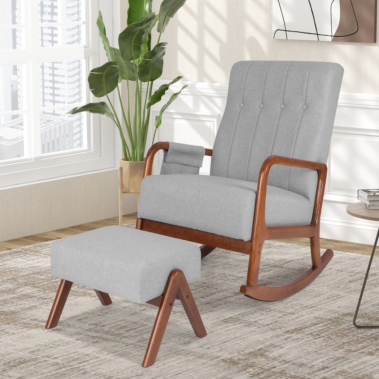 Rocking Chair with Ottoman - Padded Cushion & Rubber Wood Frame