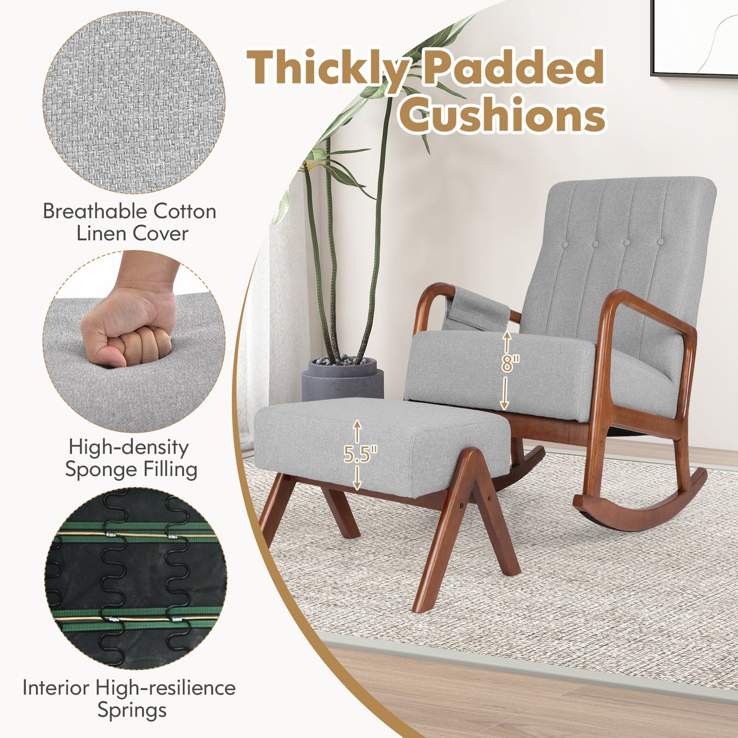 Rocking Chair with Ottoman - Padded Cushion & Rubber Wood Frame