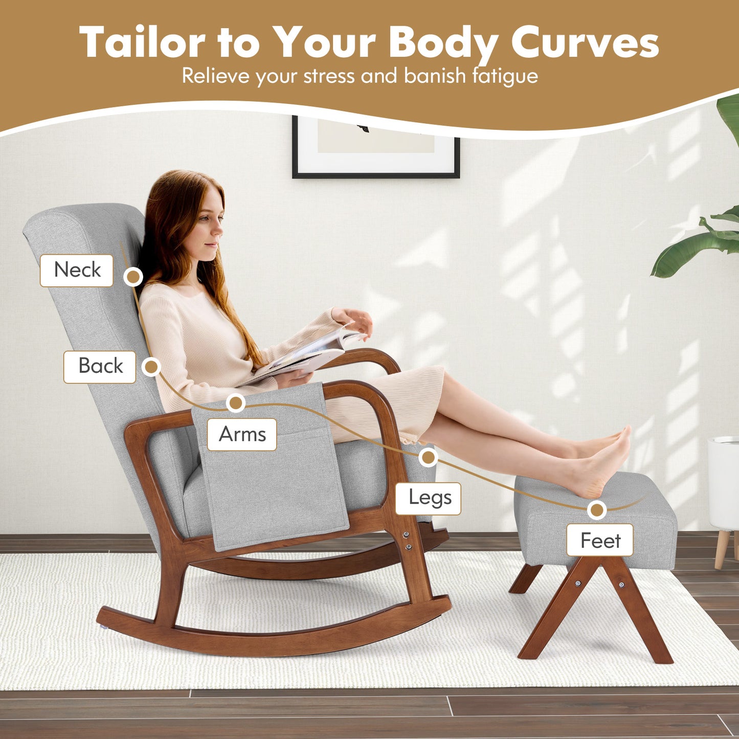 Rocking Chair with Ottoman - Padded Cushion & Rubber Wood Frame