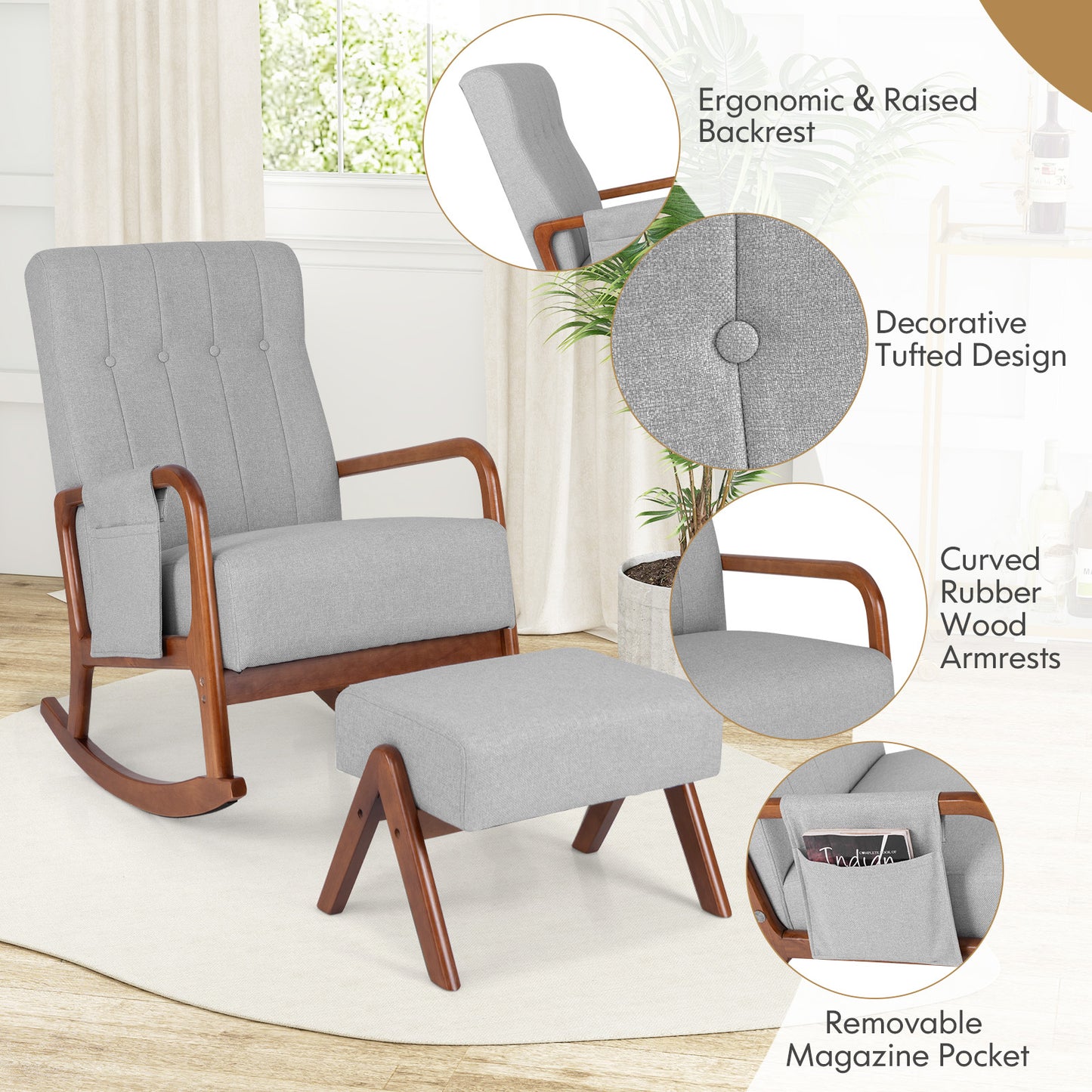 Rocking Chair with Ottoman - Padded Cushion & Rubber Wood Frame
