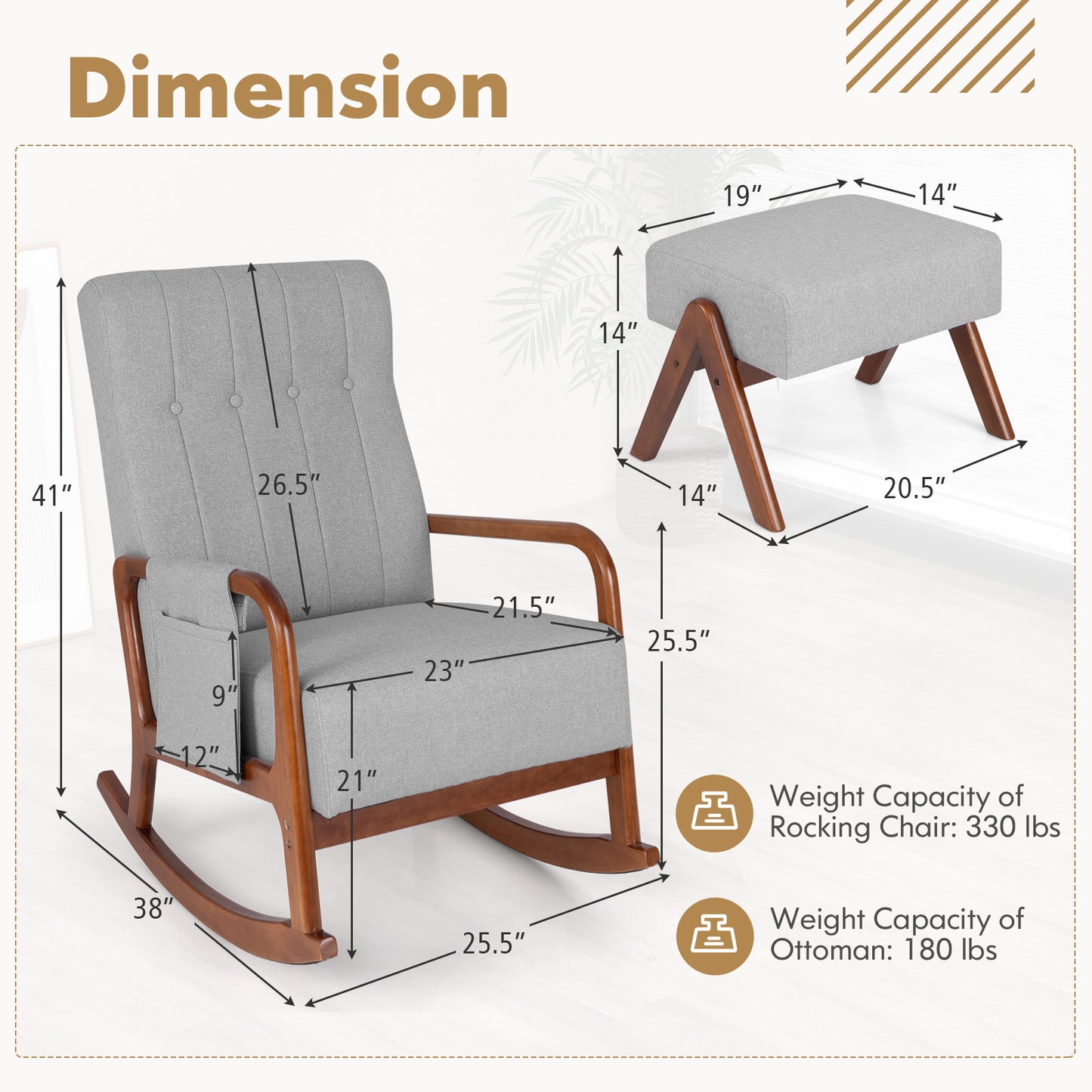 Rocking Chair with Ottoman - Padded Cushion & Rubber Wood Frame