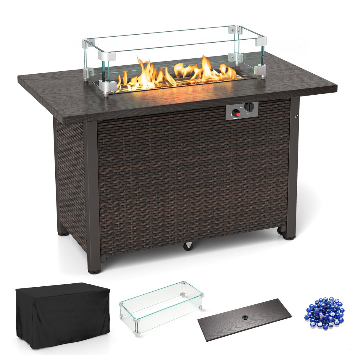 50000 BTU 2 Inch ropane Gas Fire Pit Table with Wind Guard and Glass Rocks