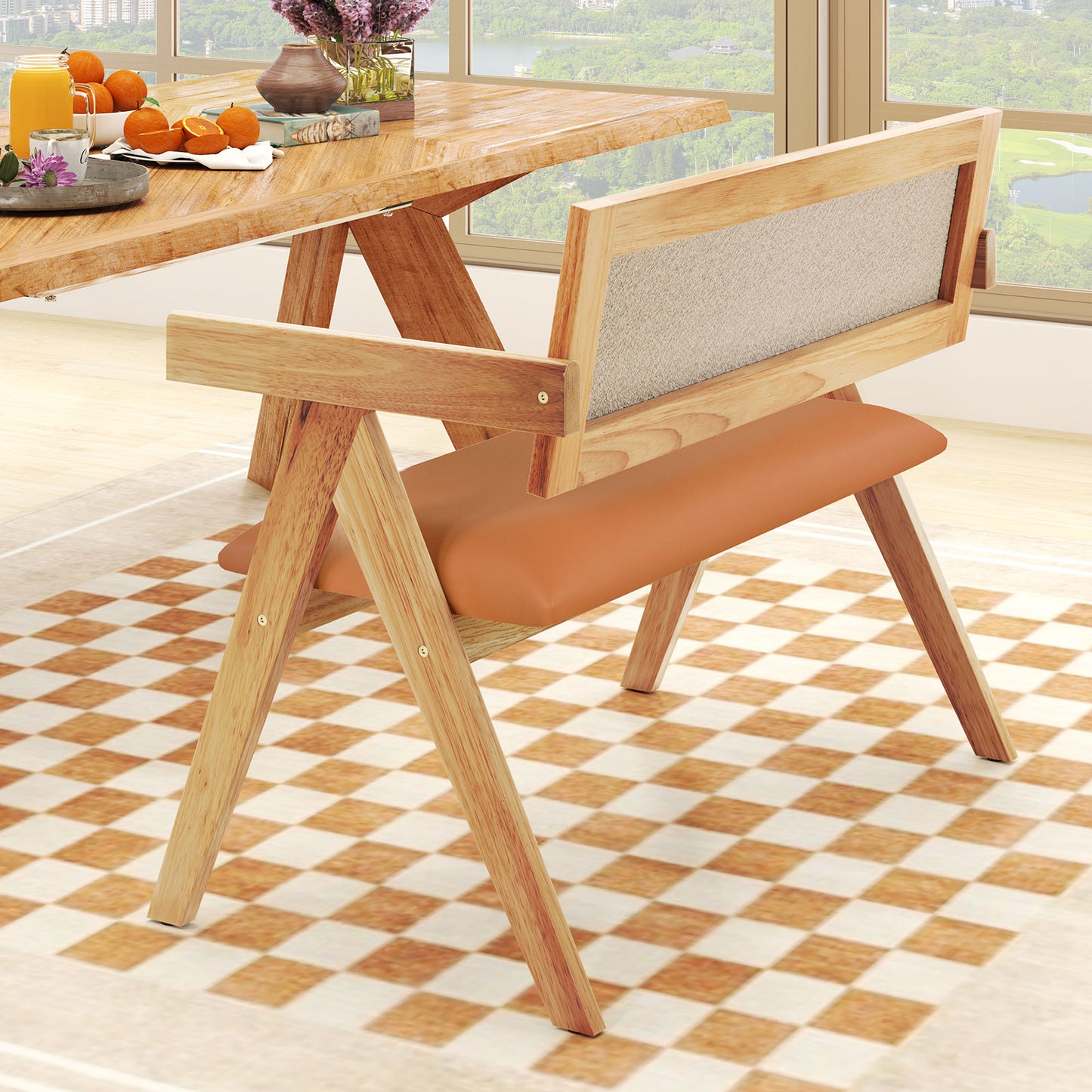 Upholstered Dining Bench with Armrests and Sherpa Backrest