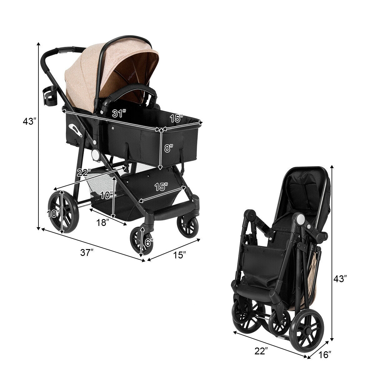 2-in-1 Foldable Baby Stroller with Reversible Seat