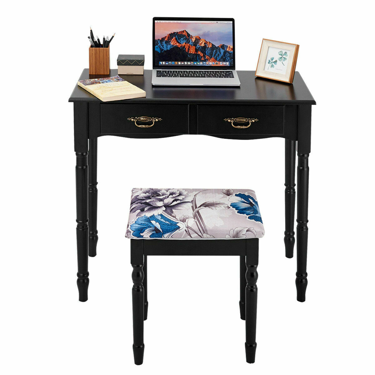 Vanity Set with Tri-Fold Mirror, 4 Drawers & Cushioned Stool