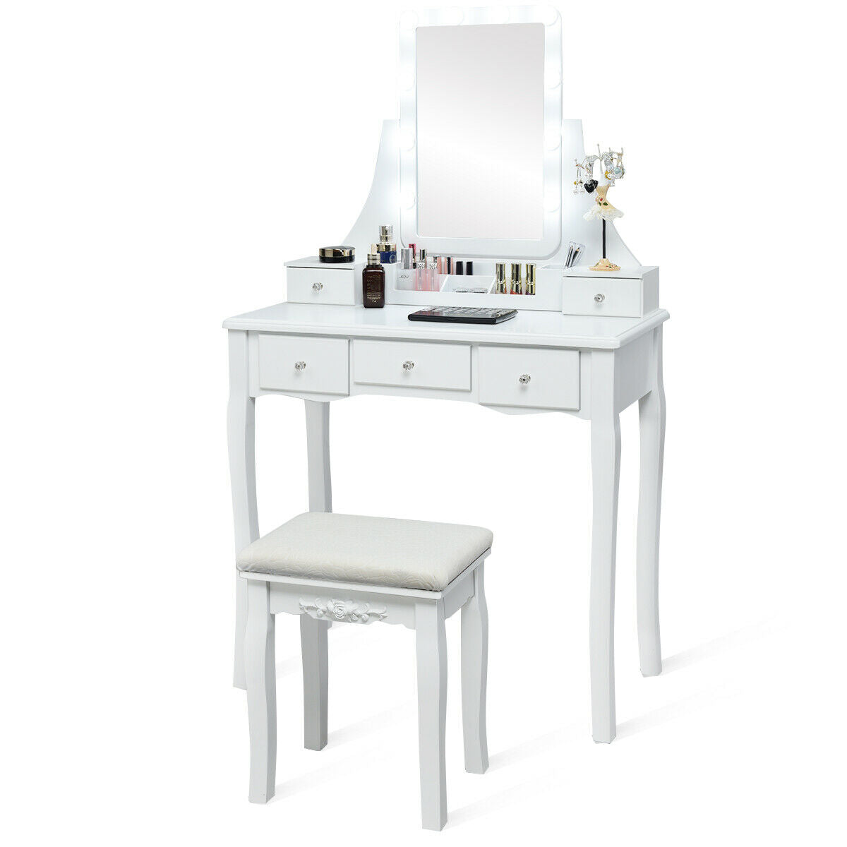 Vanity Table with 10 Dimmable Lights and Cushioned Stool