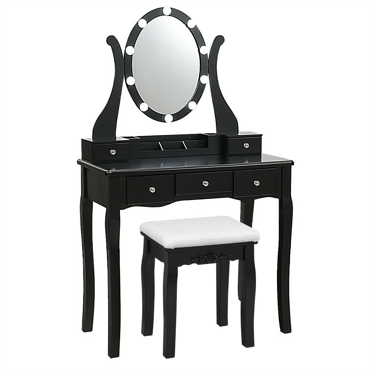 Vanity Table Set with Lighted Mirror and Cushioned Stool