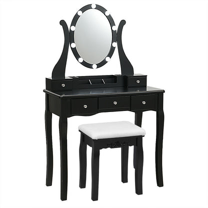 Vanity Table Set with Lighted Mirror and Cushioned Stool